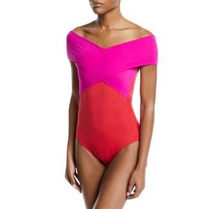 NEW OYE SWIMWEAR zenia off-the-shoulder one-piece swimsuit in fuchsia/red